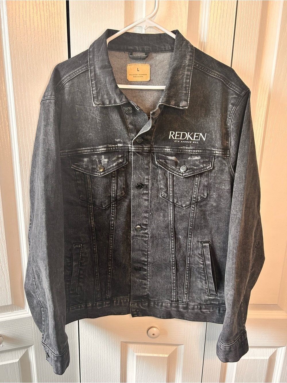 REDKEN Women’s Size Large Black Washed Denim Collared Jacket Chest Logo